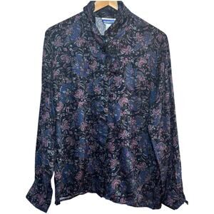 NWT Vintage 1990s Pendleton Tie Neck Purple Floral Size 14 Blouse  Made in USA
